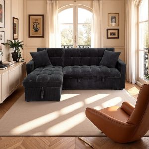 Modena Jumbo Cord 3 Seater Pull-Out Sofa Bed with Reversible Storage Chaise - Black