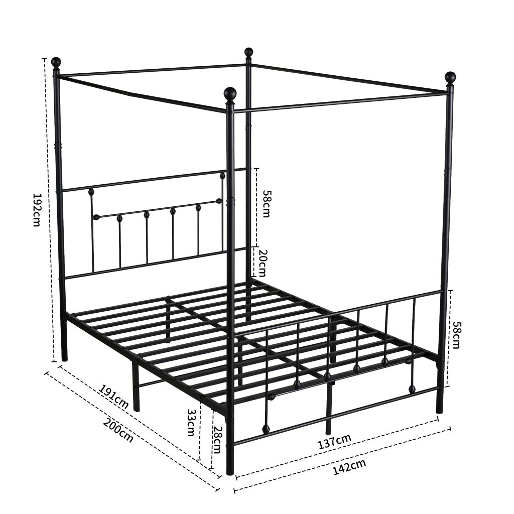Charlotte Four Poster Metal Bed Frame with Finial Detailing, Double Canopy Bed - Black