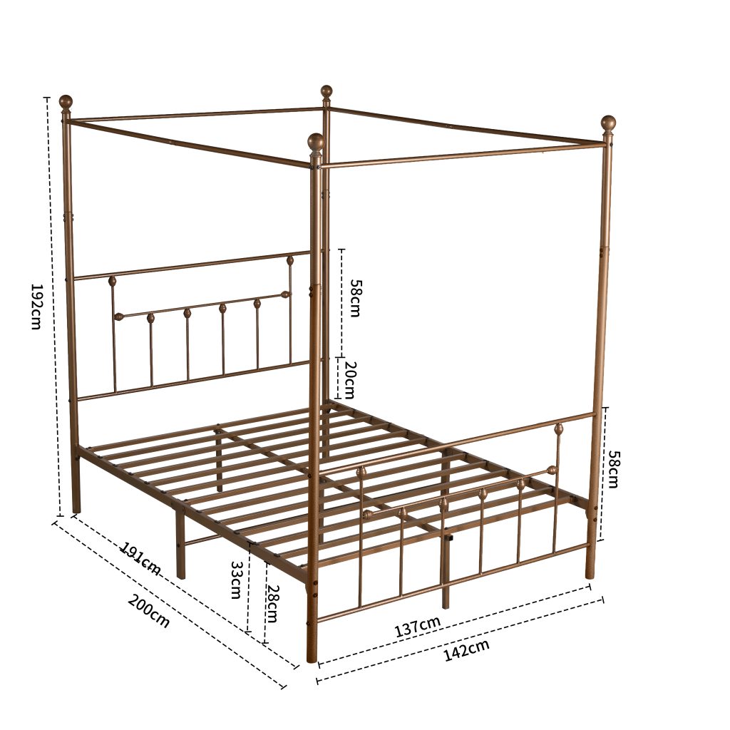 Charlotte Four Poster Metal Bed Frame with Finial Detailing, Double Canopy Bed - Antique Gold