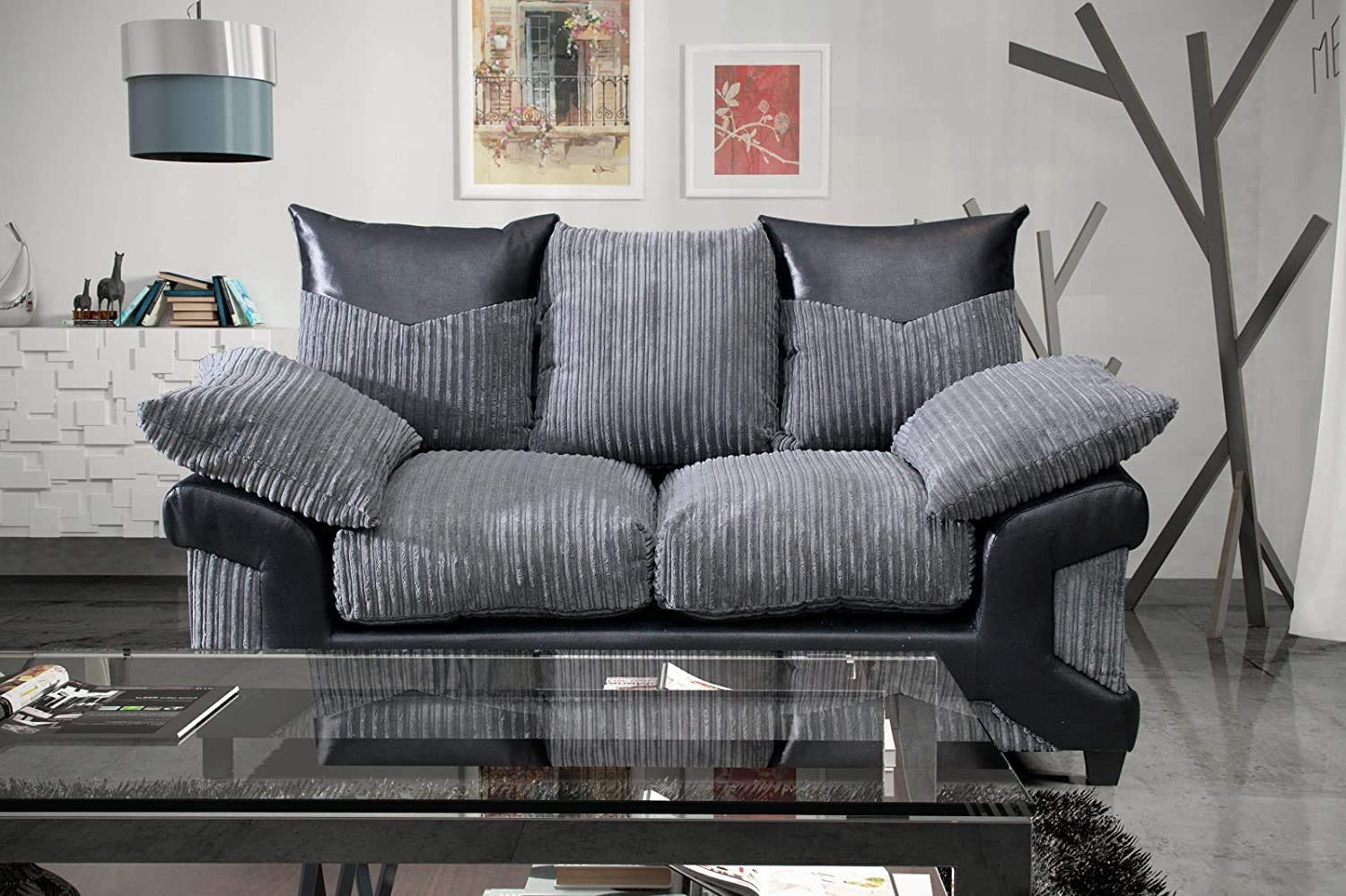 Dino Jumbo Cord with Leather 3+2 Seater Fabric Sofa in Grey with Black Dino Jumbo Cord with Leather 3+2 Seater Fabric Sofa in Grey with Black - Image 5