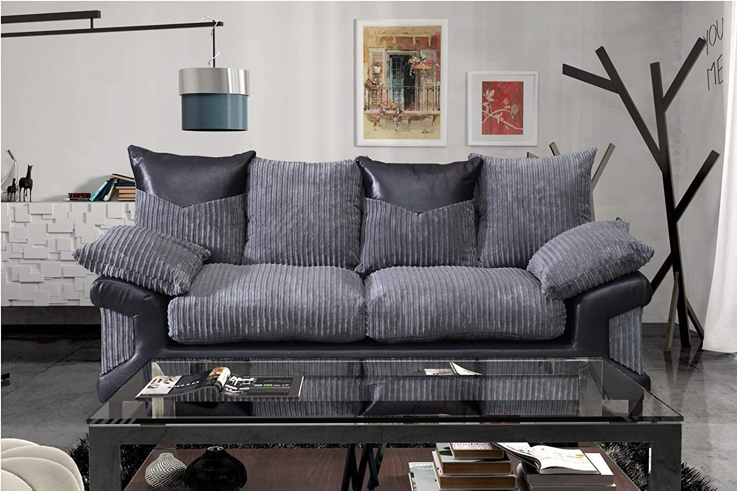 Dino Jumbo Cord with Leather 3+2 Seater Fabric Sofa in Grey with Black Dino Jumbo Cord with Leather 3+2 Seater Fabric Sofa in Grey with Black - Image 4