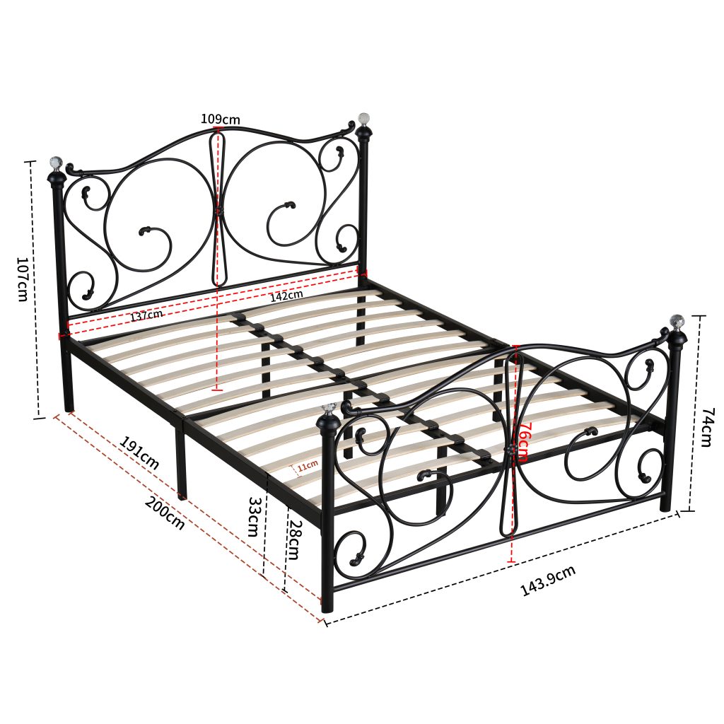 Sofia Metal Bed Frame with Crystal Finials, Victorian Style Double - Black