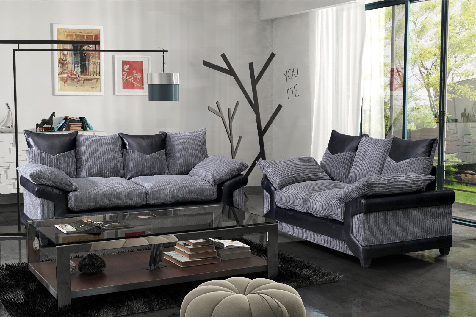 Dino Jumbo Cord with Leather 3+2 Seater Fabric Sofa in Grey with Black Dino Jumbo Cord with Leather 3+2 Seater Fabric Sofa in Grey with Black - Image 3