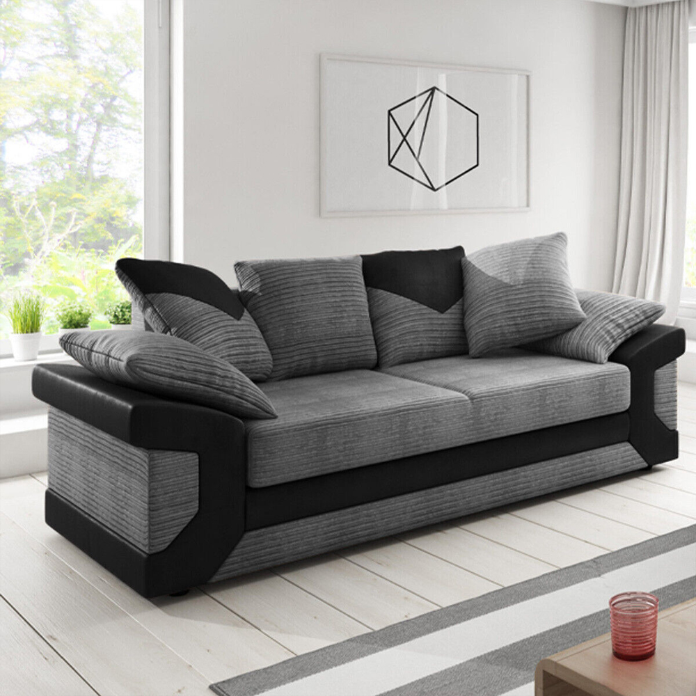 Dino Jumbo Cord with Leather 3+2 Seater Fabric Sofa in Grey with Black Dino Jumbo Cord with Leather 3+2 Seater Fabric Sofa in Grey with Black - Image 2