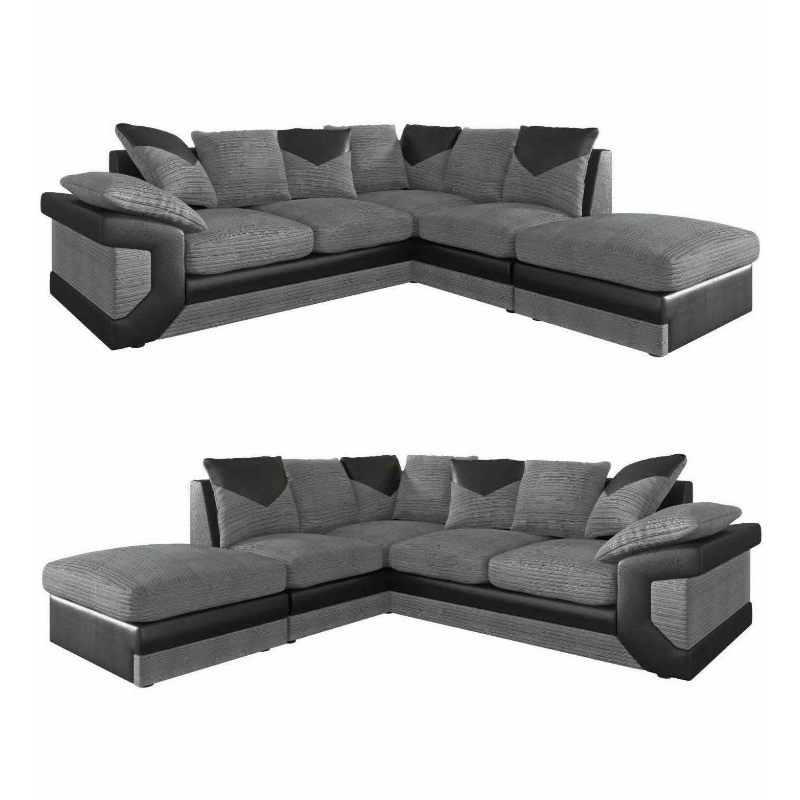 Dino Jumbo Cord with Leather 4-5 Seater Fabric Corner Sofa in Grey with Black Dino Jumbo Cord with Leather 4-5 Seater Fabric Corner Sofa in Grey with Black