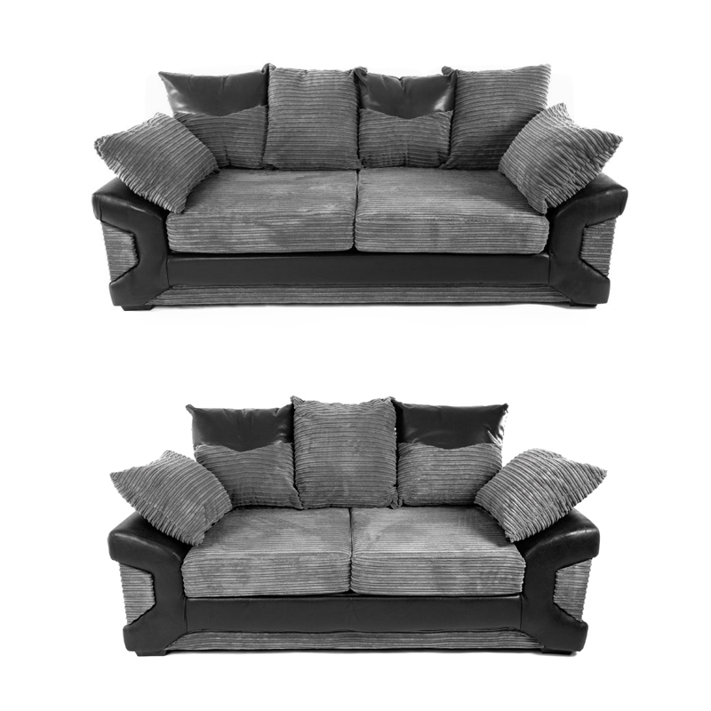 Dino Jumbo Cord with Leather 3+2 Seater Fabric Sofa in Grey with Black Dino Jumbo Cord with Leather 3+2 Seater Fabric Sofa in Grey with Black