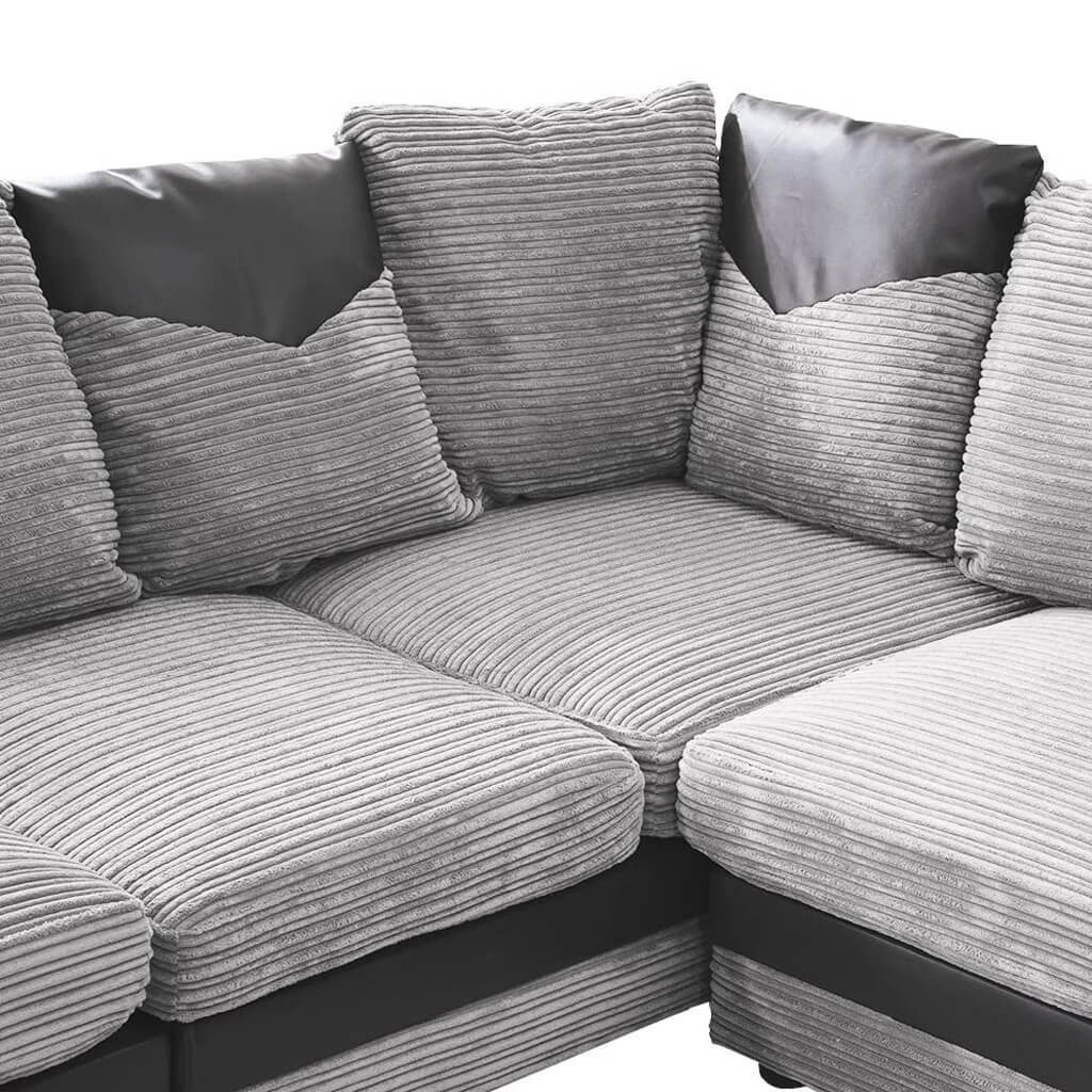 Dino Jumbo Cord with Leather 4-5 Seater Fabric Corner Sofa in Grey with Black