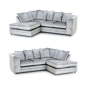 Luxury Life Furniture Dylan Crushed Velvet 4 Seater Fabric Corner Sofa in Silver