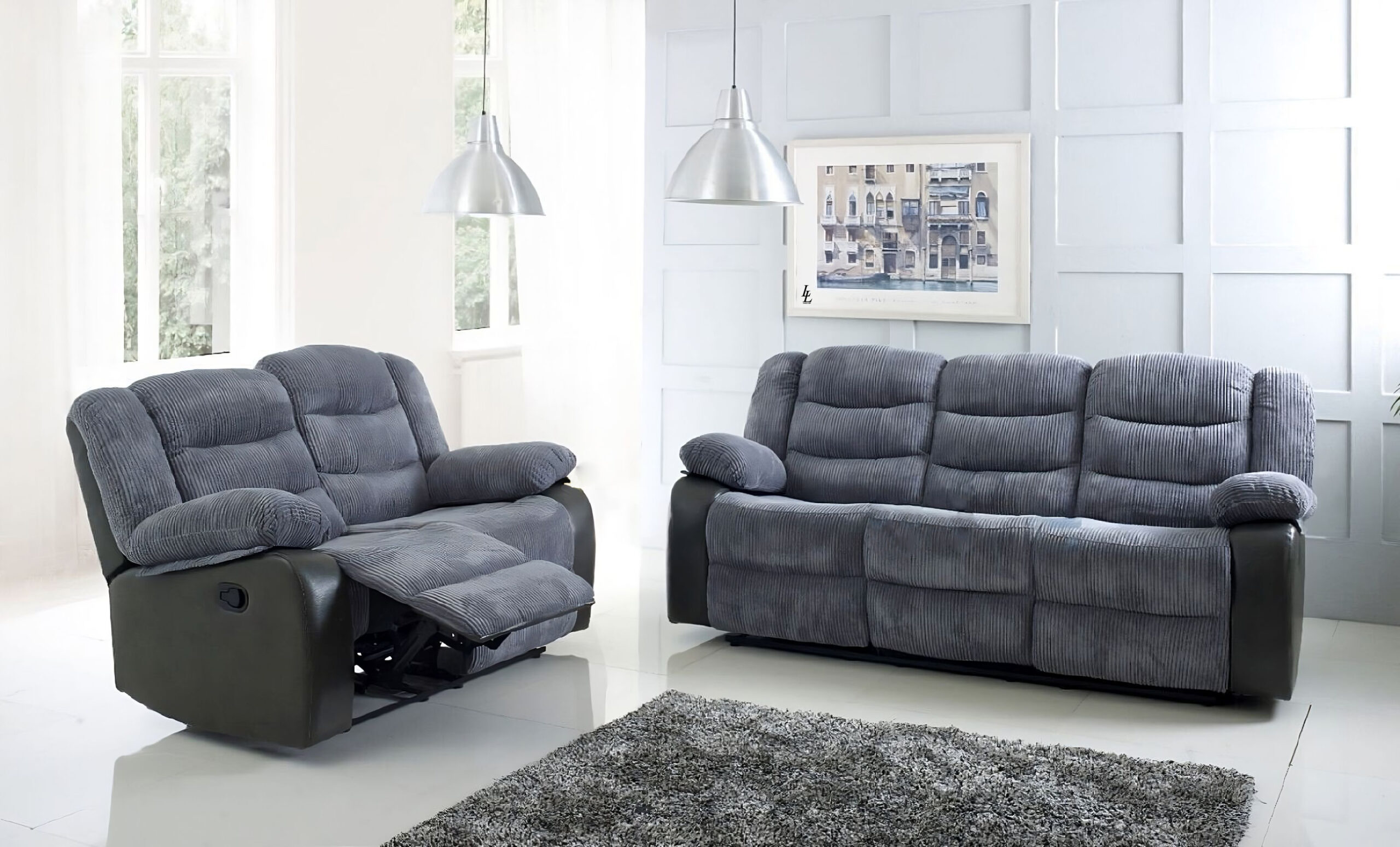 Roma Jumbo Cord with Leather Sofa 3+2 Seater Fabric Recliner Sofa in Grey with Black Roma Jumbo Cord with Leather Sofa 3+2 Seater Fabric Recliner Sofa in Grey with Black - Image 3