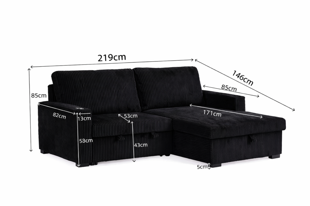 Florence Jumbo Cord L-Shape Sofa with Storage Chaise, Pullout Footrest and Built-in Cupholders in Grey