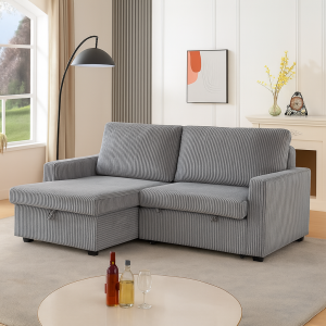 Florence Jumbo Cord L-Shape Sofa with Storage Chaise, Pullout Footrest and Built-in Cupholders in Grey