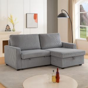 Florence Jumbo Cord L-Shape Sofa with Storage Chaise, Pullout Footrest and Built-in Cupholders in Grey - Image 2