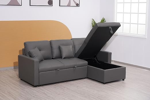 Newport Leather 3 Seater Pullout Sofa Bed in Grey with Storage Compartment