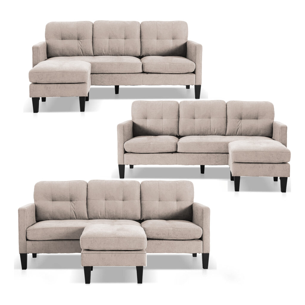 Luna Linen Fabric 3 Seater Convertible Sectional Sofa in Beige Luna linen convertible sofa beige