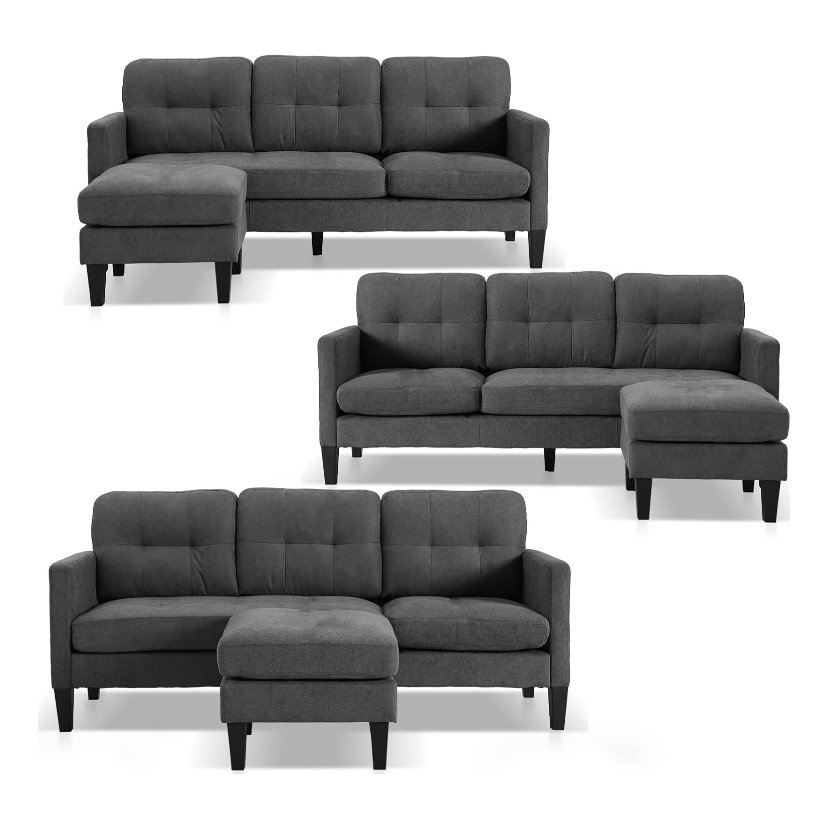Luna Linen Fabric 3 Seater Convertible Sectional Sofa in Grey Luna Linen Fabric 3 Seater Convertible Sectional Sofa in Grey