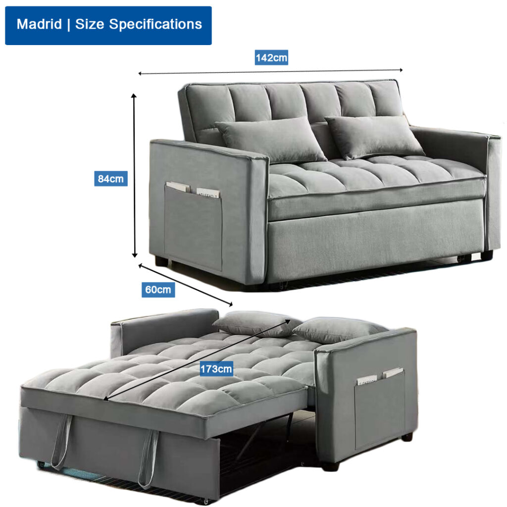Madrid Velvet 2 Seater Pullout Sofa Bed in Grey Madrid Velvet 2 Seater Pullout Sofa Bed in Grey