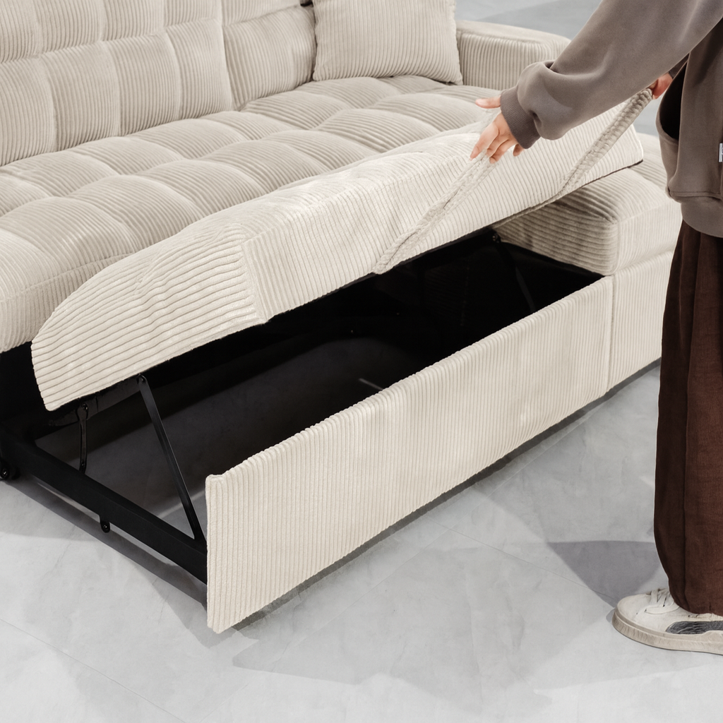 Modena Jumbo Cord 3 Seater Pull-Out Sofa Bed with Reversible Storage Chaise - Cream