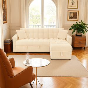 Modena Jumbo Cord 3 Seater Pull-Out Sofa Bed with Reversible Storage Chaise - Cream - Image 6