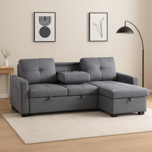 Alternative view of Naples Linen 3-Seater L Shape Sofa with Storage Chaise, Pullout Footrest & Drop-Down Drinks Holder in Dark Grey