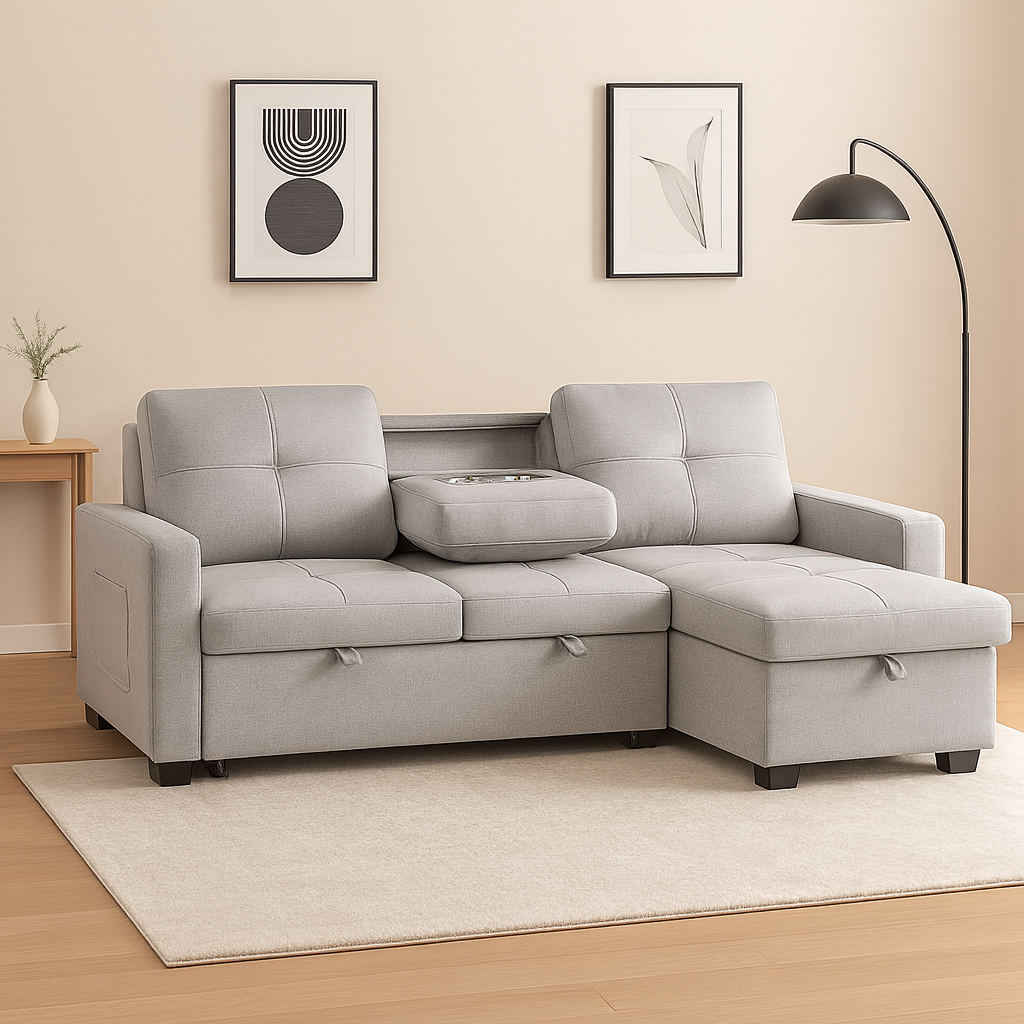 Naples Linen 3-Seater L Shape Sofa with Storage Chaise, Pullout Footrest & Drop-Down Drinks Holder in Light Grey Naples Linen 3-Seater L Shape Sofa with Storage Chaise, Pullout Footrest & Drop-Down Drinks Holder in Light Grey - Image 2