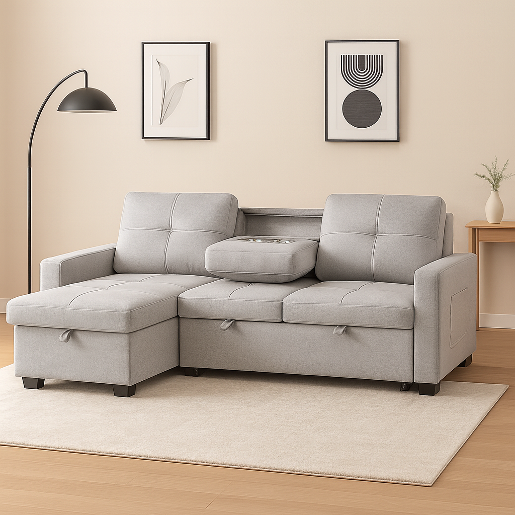 Naples Linen 3-Seater L Shape Sofa with Storage Chaise, Pullout Footrest & Drop-Down Drinks Holder in Light Grey Naples Linen 3-Seater L Shape Sofa with Storage Chaise, Pullout Footrest & Drop-Down Drinks Holder in Light Grey