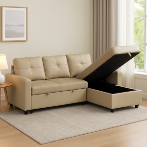 Luxury Life Furniture Newport Leather 3 Seater Pullout Sofa Bed in Beige with Storage Compartment
