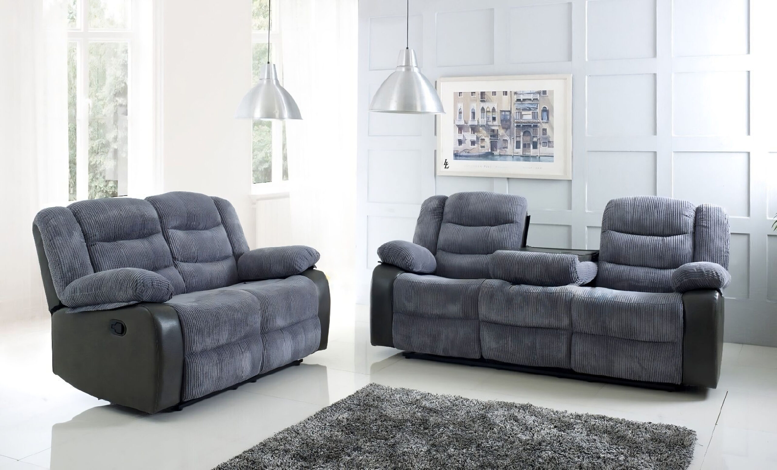Roma Jumbo Cord with Leather Sofa 3+2 Seater Fabric Recliner Sofa in Grey with Black Roma Jumbo Cord with Leather Sofa 3+2 Seater Fabric Recliner Sofa in Grey with Black - Image 2