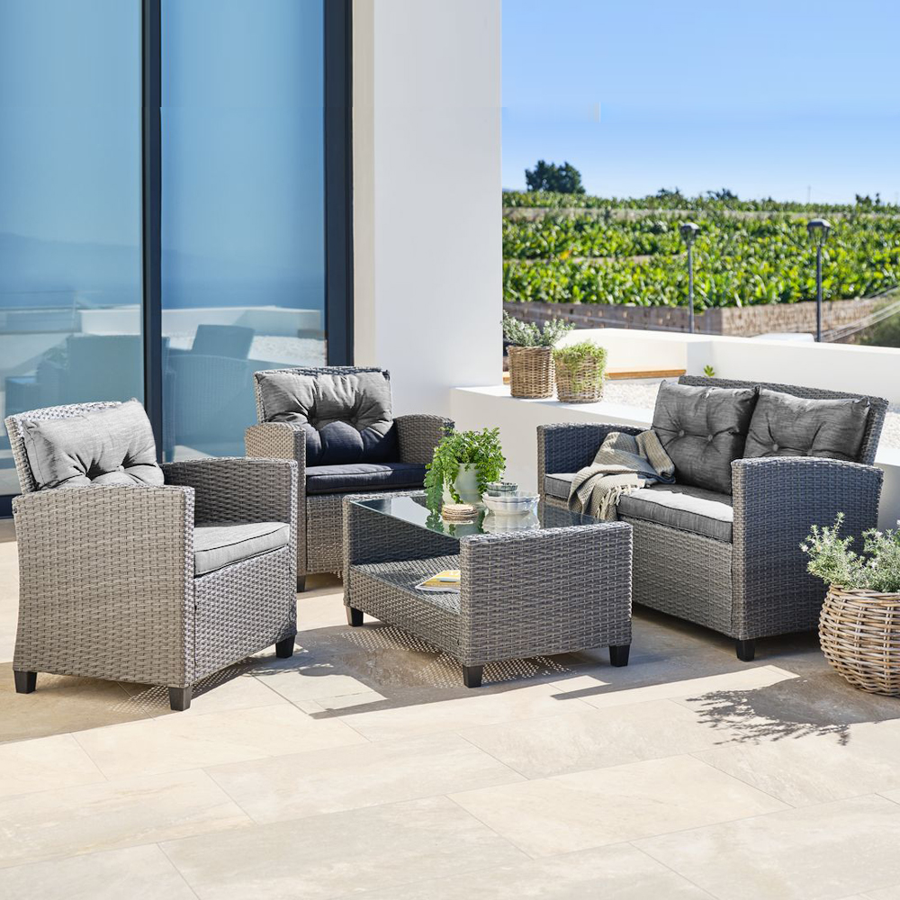 Mora Rattan 4 Seater Outdoor Conversation Set Garden Furniture Sofas with Coffee Table in Grey