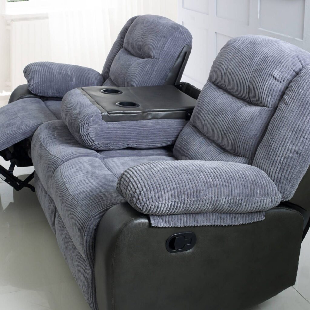 Roma Jumbo Cord with Leather Sofa 3+2 Seater Fabric Recliner Sofa in Grey with Black
