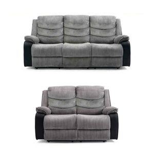 Roma Jumbo Cord with Leather Sofa 3+2 Seater Fabric Recliner Sofa in Grey with Black