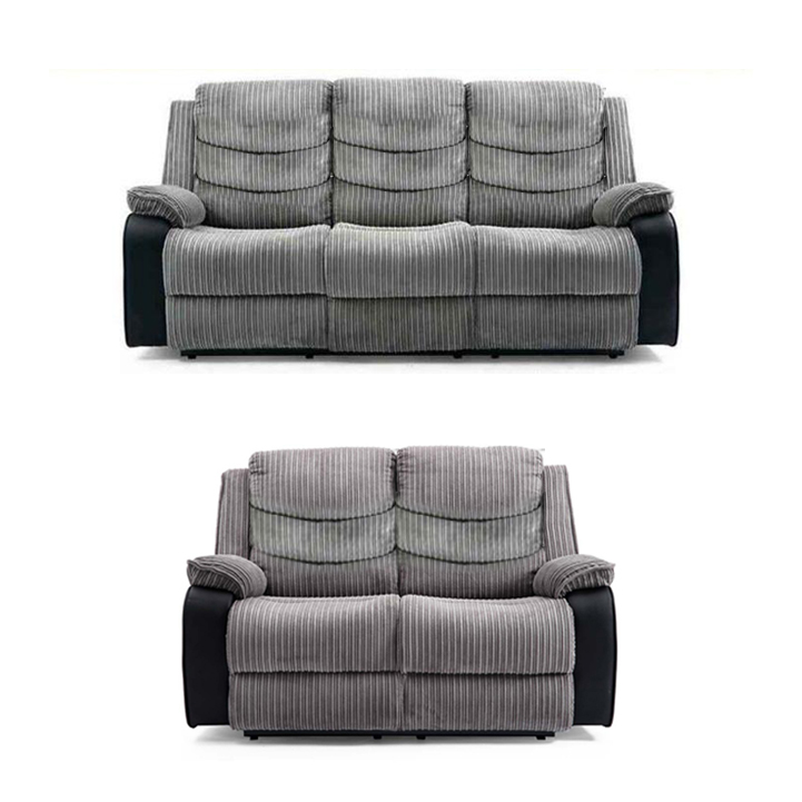 Roma Jumbo Cord with Leather Sofa 3+2 Seater Fabric Recliner Sofa in Grey with Black Roma Jumbo Cord with Leather Sofa 3+2 Seater Fabric Recliner Sofa in Grey with Black