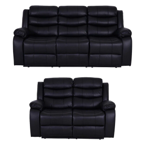 Luxury Life Furniture Roma Leather Black Sofa 3+2 Seater Recliner Sofa in Black
