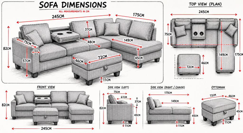 Vienna Jumbo Cord L-Shaped Corner Sofa with Storage Ottoman Footstool & Drop Down Table in Grey