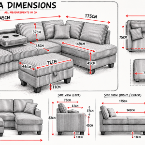 Vienna Jumbo Cord L-Shaped Corner Sofa with Storage Ottoman Footstool & Drop Down Table in Grey - Image 7