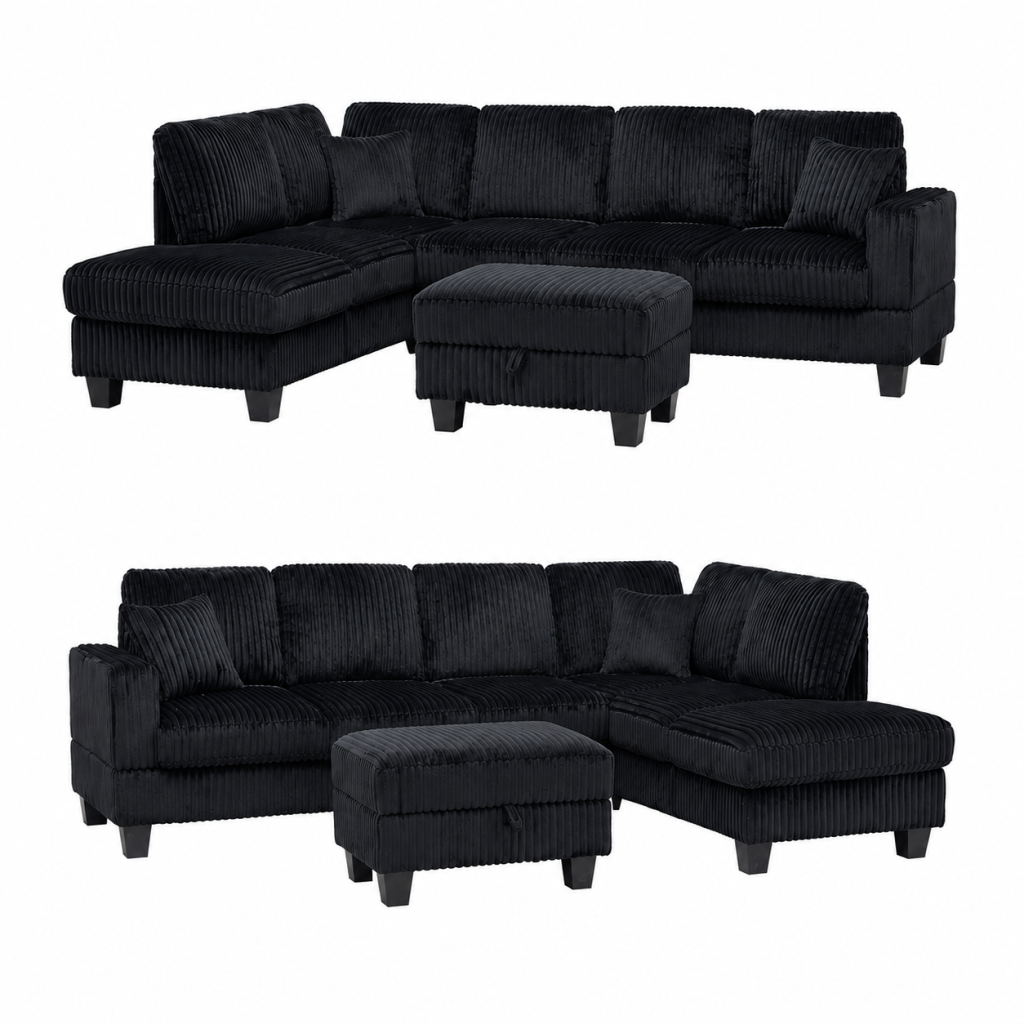 Vienna Jumbo Cord L-Shaped Corner Sofa with Storage Ottoman Footstool & Drop Down Table in Black