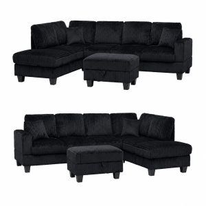 Vienna Jumbo Cord L-Shaped Corner Sofa with Storage Ottoman Footstool & Drop Down Table in Black