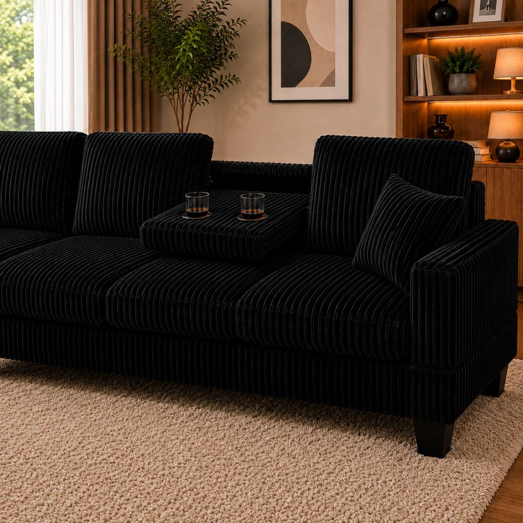 Vienna Jumbo Cord L-Shaped Corner Sofa with Storage Ottoman Footstool & Drop Down Table in Black