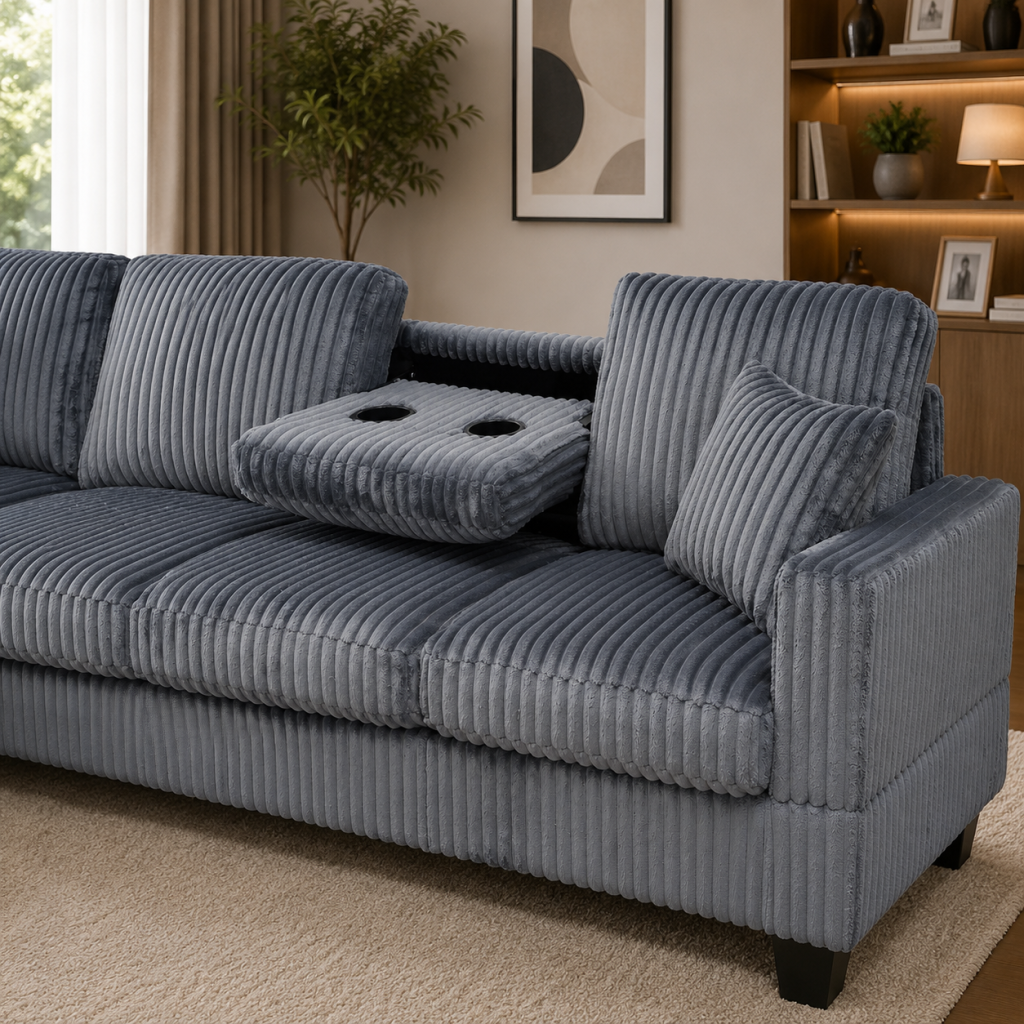Vienna Jumbo Cord L-Shaped Corner Sofa with Storage Ottoman Footstool & Drop Down Table in Grey