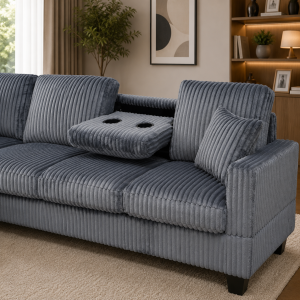 Alternative view of Vienna Jumbo Cord L-Shaped Corner Sofa with Storage Ottoman Footstool & Drop Down Table in Grey