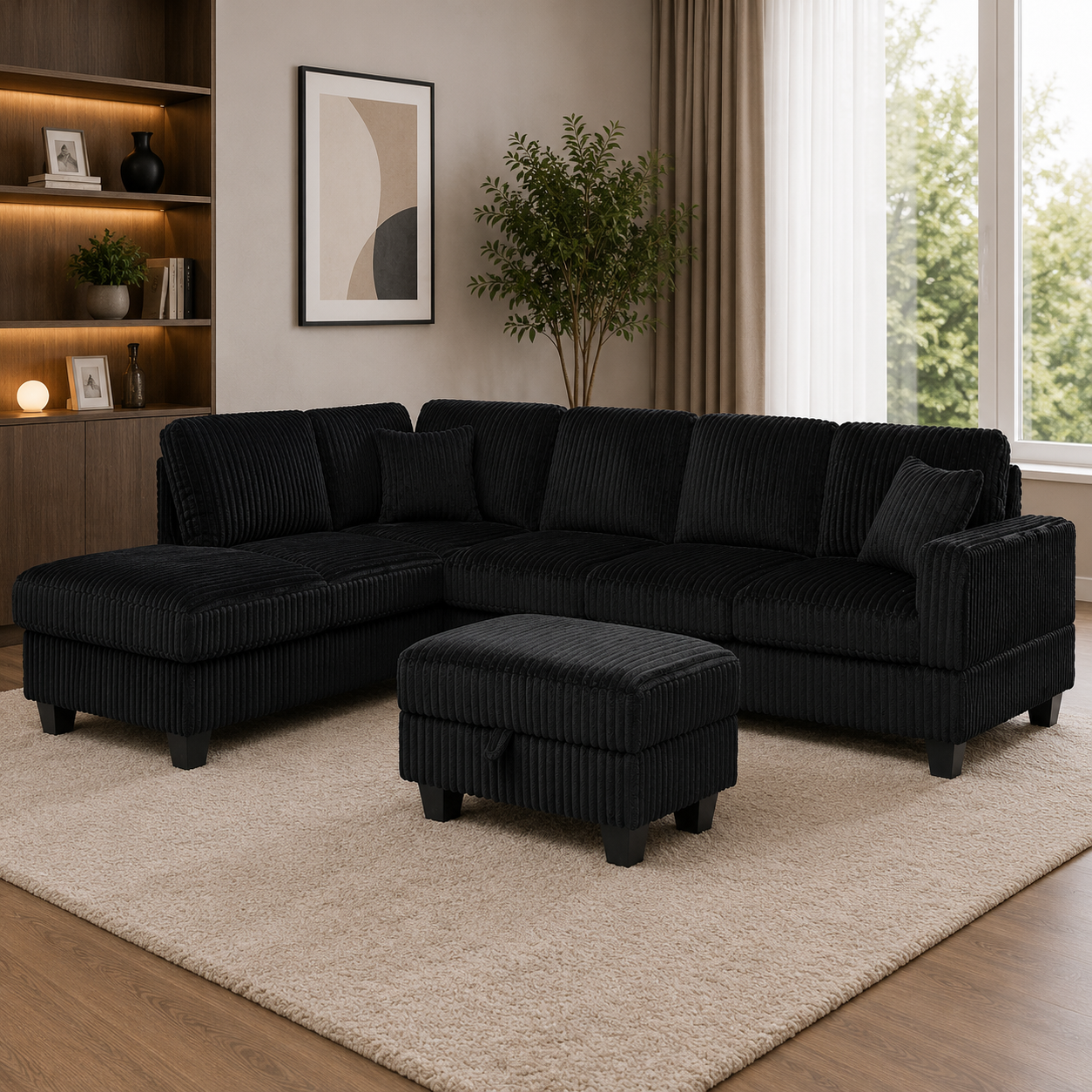 Vienna Jumbo Cord L-Shaped Corner Sofa with Storage Ottoman Footstool & Drop Down Table in Black Vienna Jumbo Cord L-Shaped Corner Sofa with Storage Ottoman Footstool & Drop Down Table in Black - Image 3