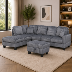 Vienna Jumbo Cord L-Shaped Corner Sofa with Storage Ottoman Footstool & Drop Down Table in Grey - Image 3