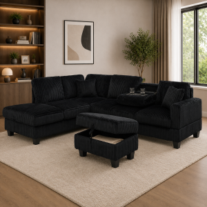 Vienna Jumbo Cord L-Shaped Corner Sofa with Storage Ottoman Footstool & Drop Down Table in Black Vienna Jumbo Cord L-Shaped Corner Sofa with Storage Ottoman Footstool & Drop Down Table in Black - Image 2