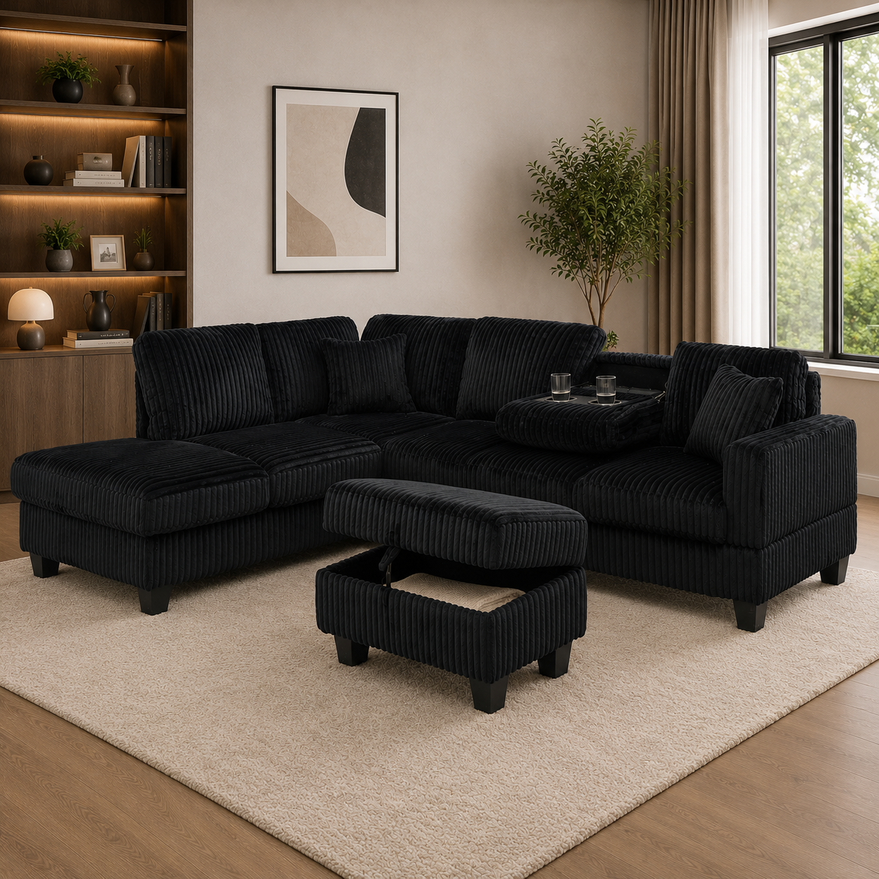 Vienna Jumbo Cord L-Shaped Corner Sofa with Storage Ottoman Footstool & Drop Down Table in Black Vienna Jumbo Cord L-Shaped Corner Sofa with Storage Ottoman Footstool & Drop Down Table in Black - Image 2
