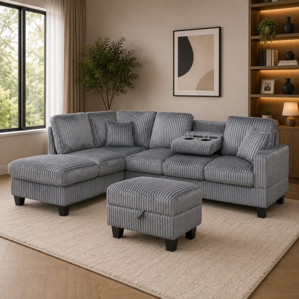 Vienna Jumbo Cord L-Shaped Corner Sofa with Storage Ottoman Footstool & Drop Down Table in Grey