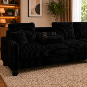 Vienna Jumbo Cord L-Shaped Corner Sofa with Storage Ottoman Footstool & Drop Down Table in Black Vienna Jumbo Cord L-Shaped Corner Sofa with Storage Ottoman Footstool & Drop Down Table in Black - Image 6