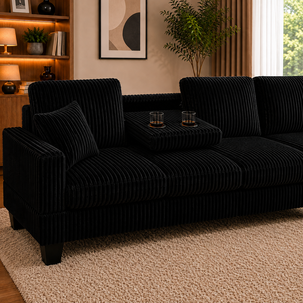 Vienna Jumbo Cord L-Shaped Corner Sofa with Storage Ottoman Footstool & Drop Down Table in Black Vienna Jumbo Cord L-Shaped Corner Sofa with Storage Ottoman Footstool & Drop Down Table in Black - Image 6