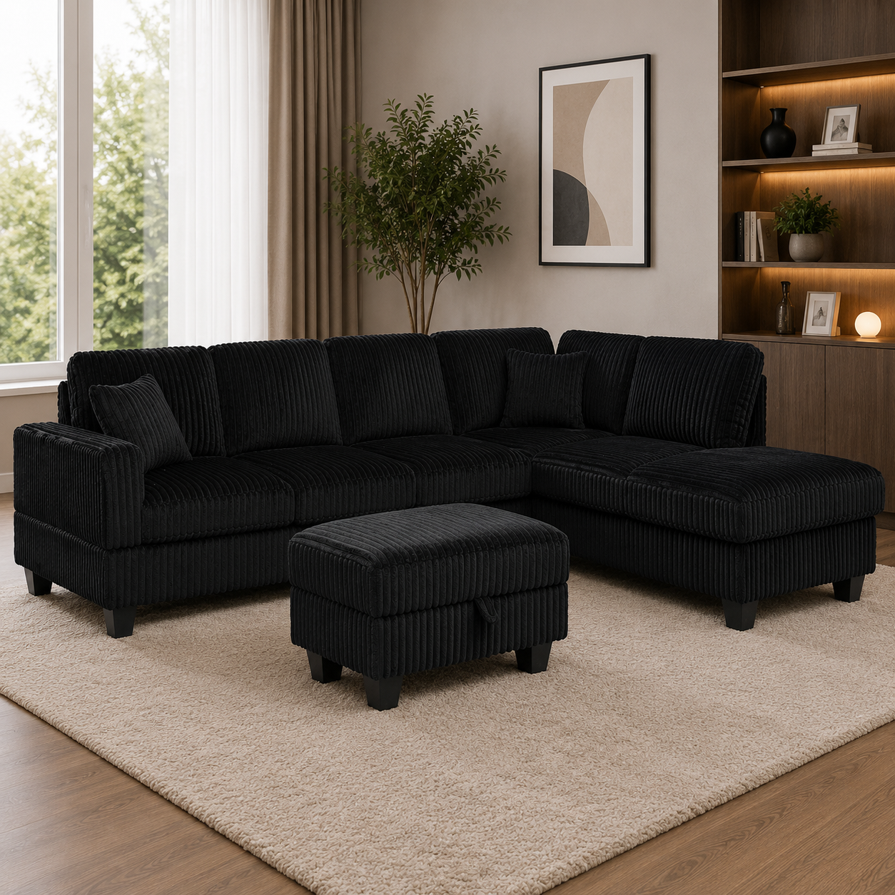 Vienna Jumbo Cord L-Shaped Corner Sofa with Storage Ottoman Footstool & Drop Down Table in Black Vienna Jumbo Cord L-Shaped Corner Sofa with Storage Ottoman Footstool & Drop Down Table in Black - Image 4