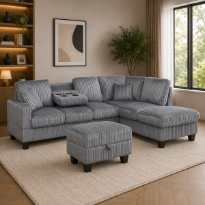 Vienna Jumbo Cord L-Shaped Corner Sofa with Storage Ottoman Footstool & Drop Down Table in Grey - Image 4