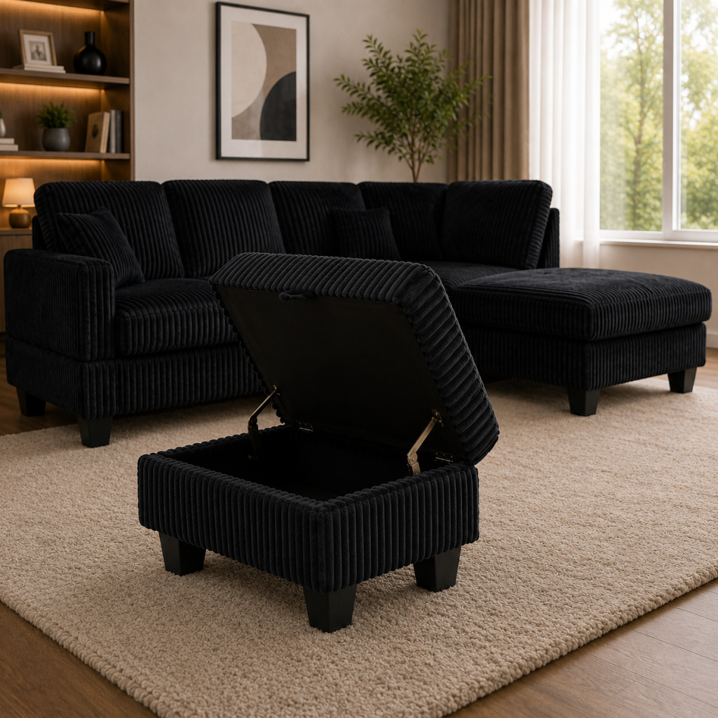 Vienna Jumbo Cord L-Shaped Corner Sofa with Storage Ottoman Footstool & Drop Down Table in Black