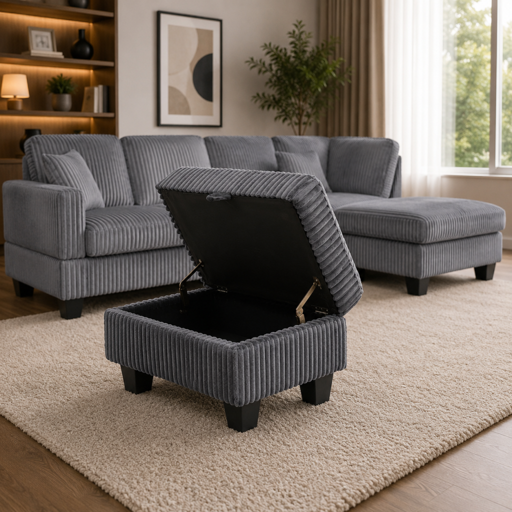 Vienna Jumbo Cord L-Shaped Corner Sofa with Storage Ottoman Footstool & Drop Down Table in Grey